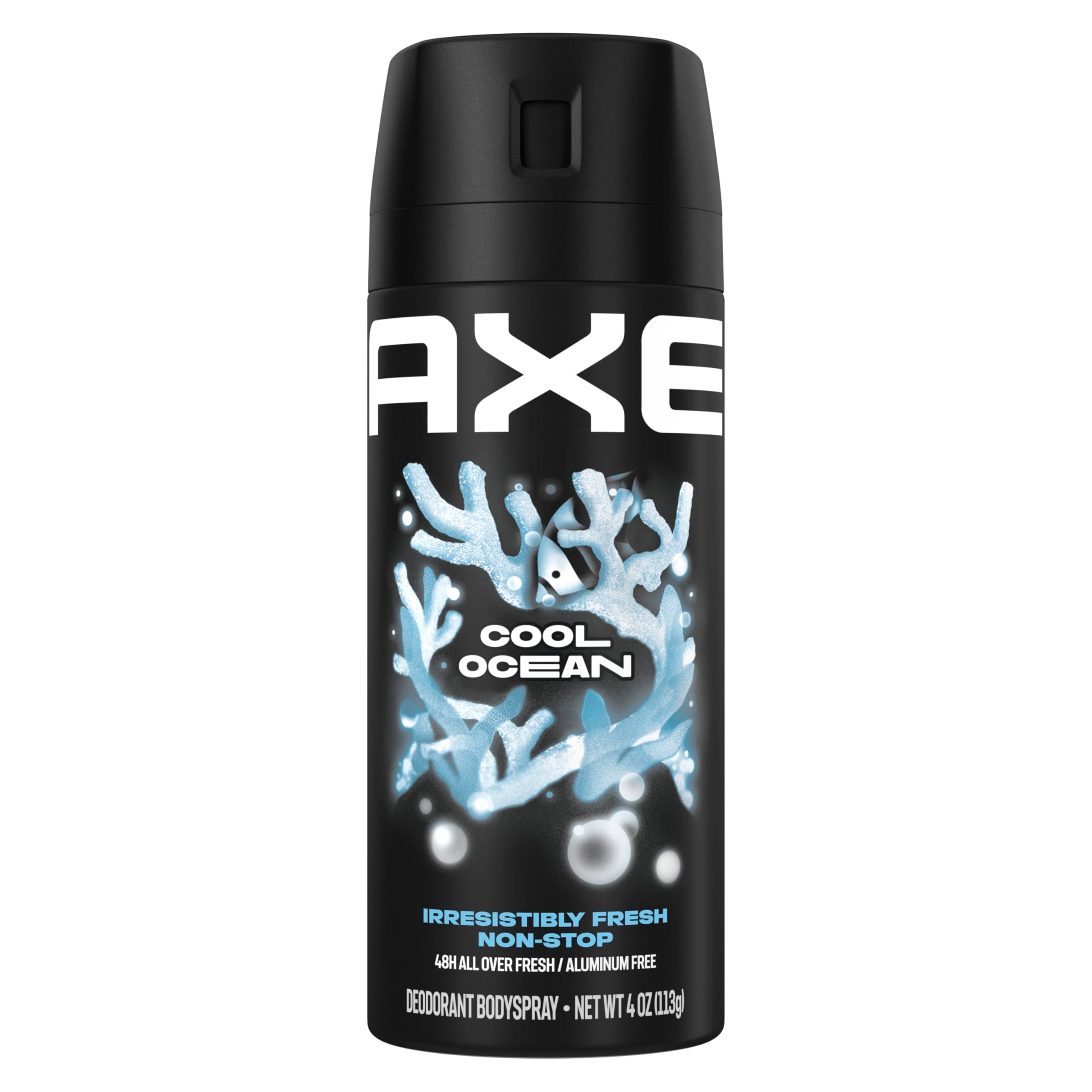 AXE Cool Ocean bottle front view showing aluminum-free formula for all-day odor protection