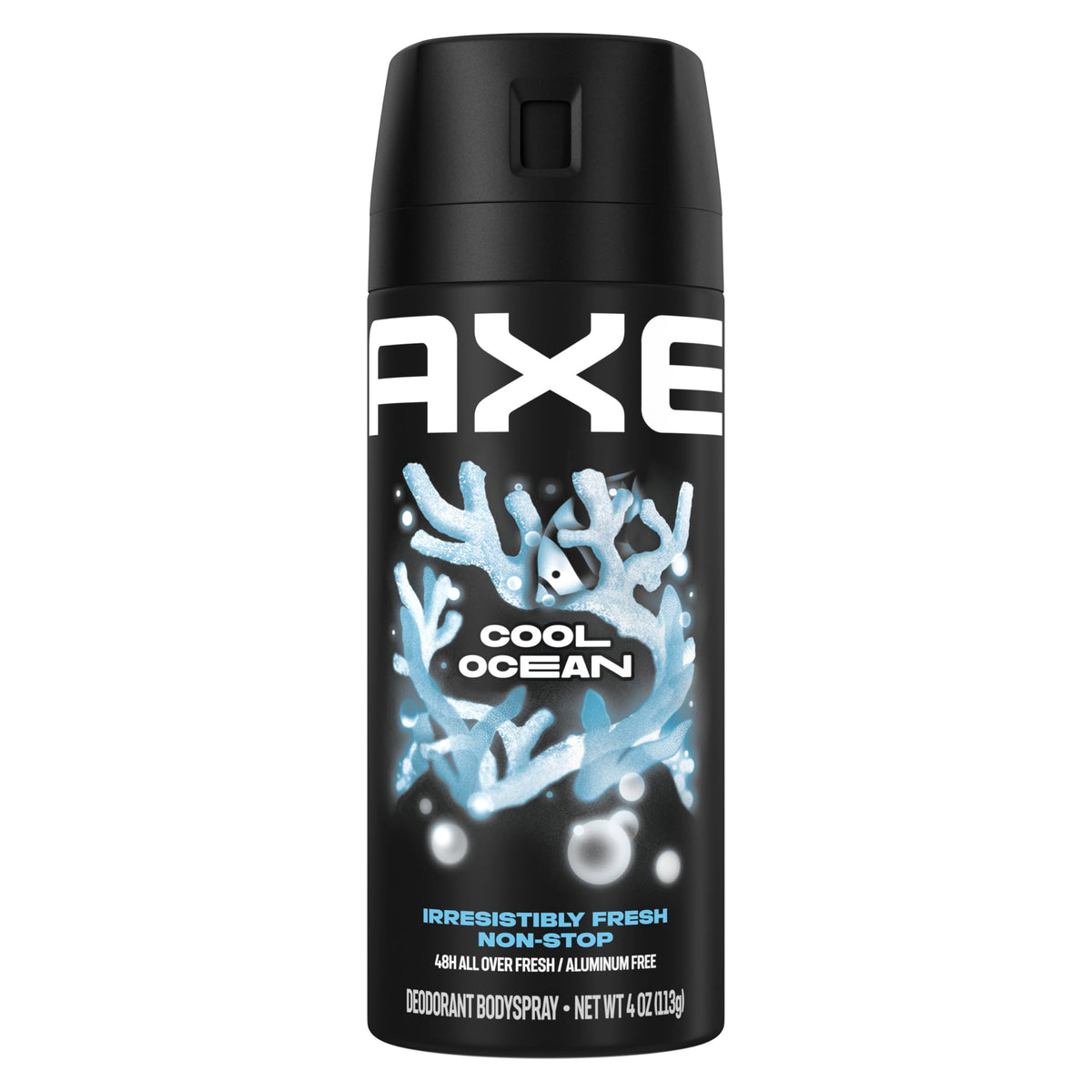 AXE Cool Ocean bottle front view showing aluminum-free formula for all-day odor protection