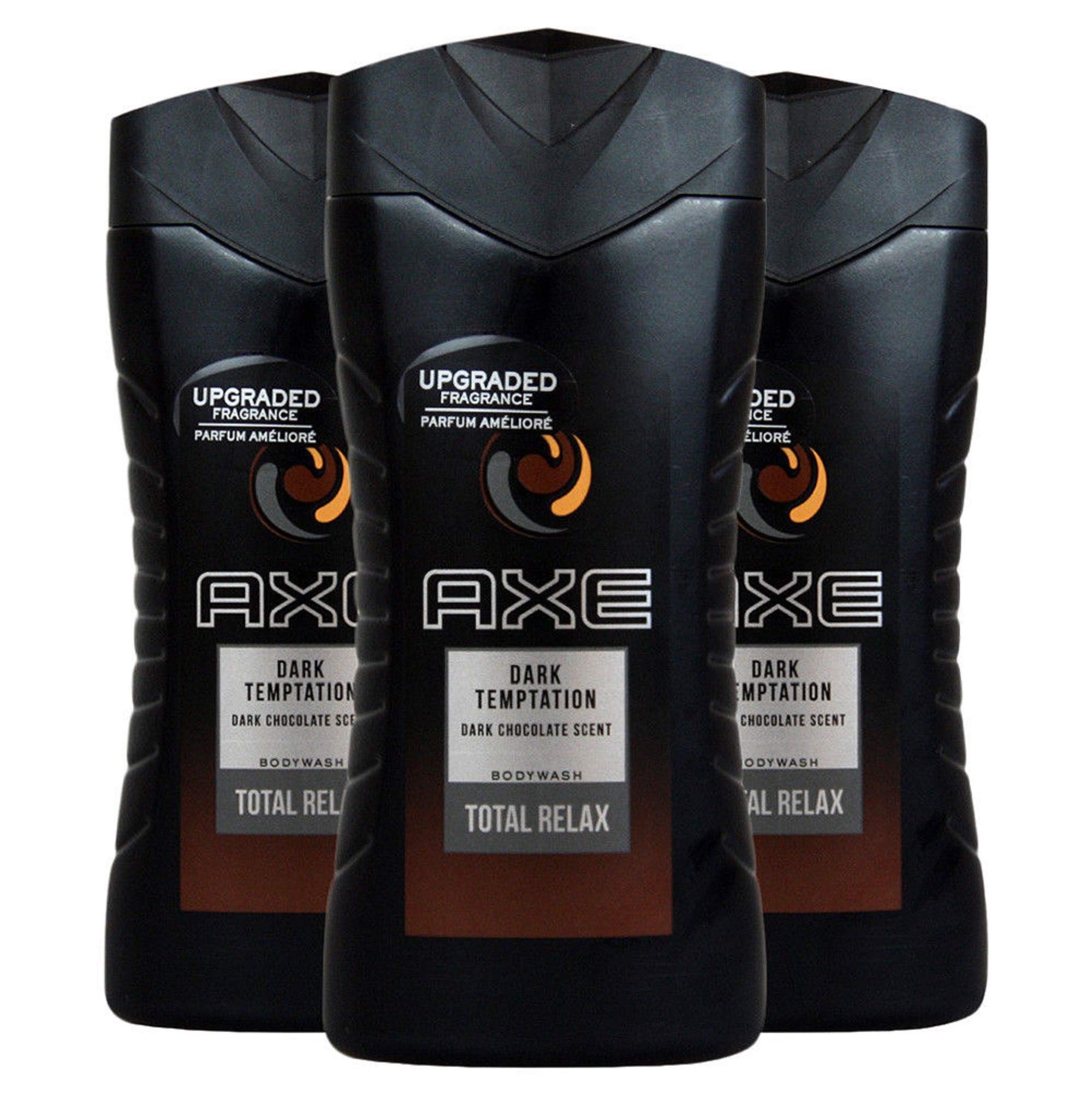 AXE Dark Temptation body wash bottle pouring rich lather for revitalizing mornings