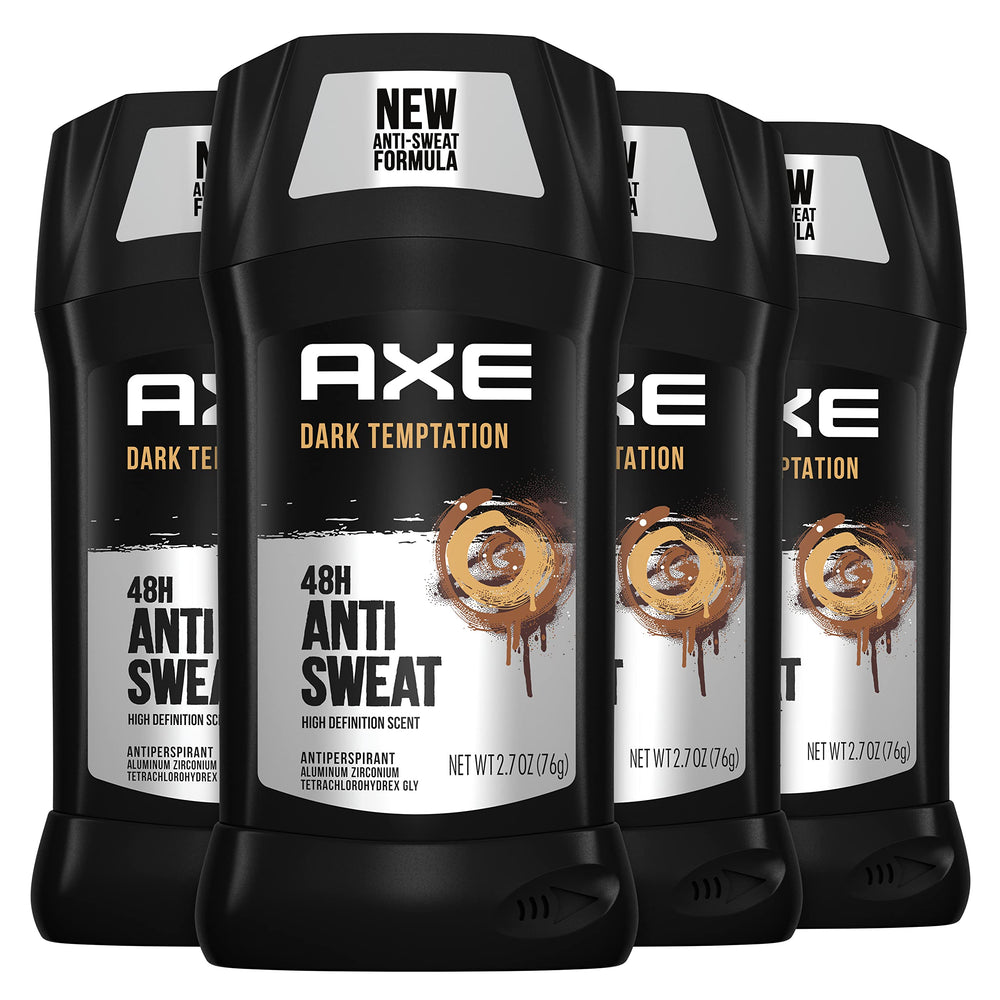 AXE Dark Temptation antiperspirant stick 4-pack delivering all-day freshness and scent.