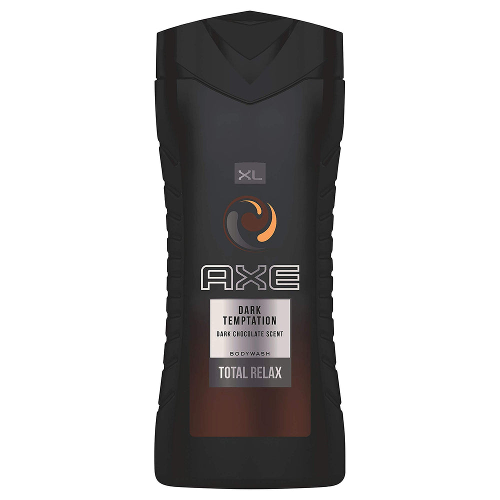 AXE Dark Temptation label detail shows brand identity and aroma notes.