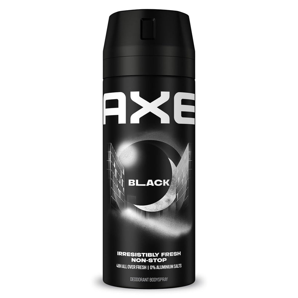 AXE Black New Edition deodorant spray bottle, six-pack, long-lasting freshness on the go.