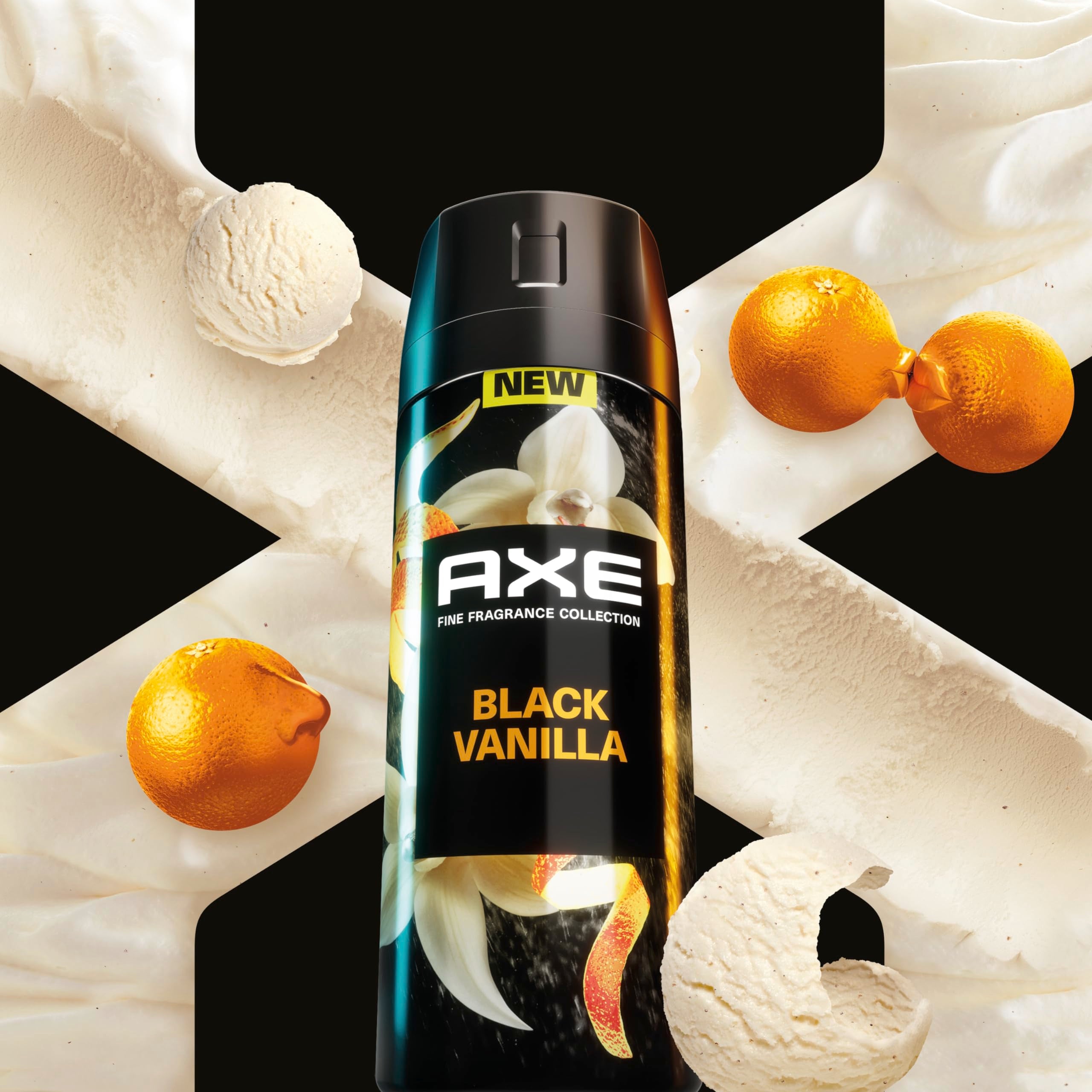 AXE Black Vanilla with orange essential oil close-up suggests vibrant fragrance.
