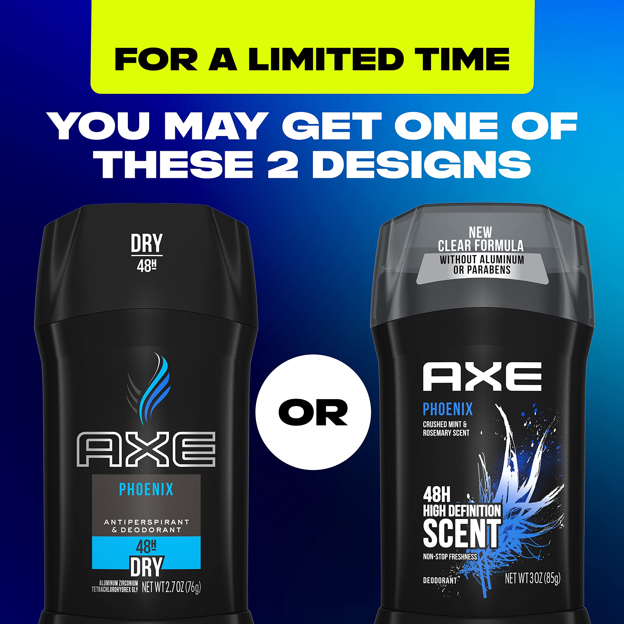 AXE Phoenix 48h odor protection badge on label indicating long-lasting control.