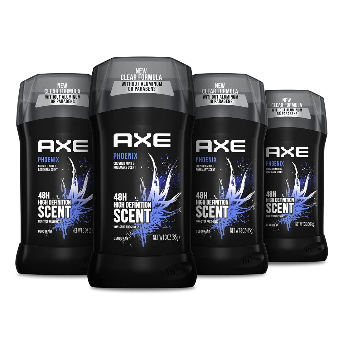 AXE Phoenix 4-pack packaging with aluminum-free deodorant for daily freshness.