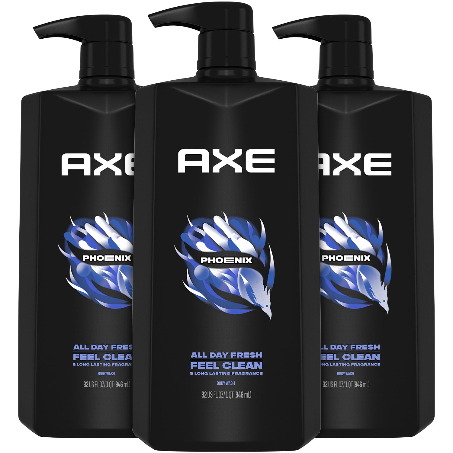 AXE Phoenix body wash pump bottle showing refreshing cleanse and long-lasting fragrance