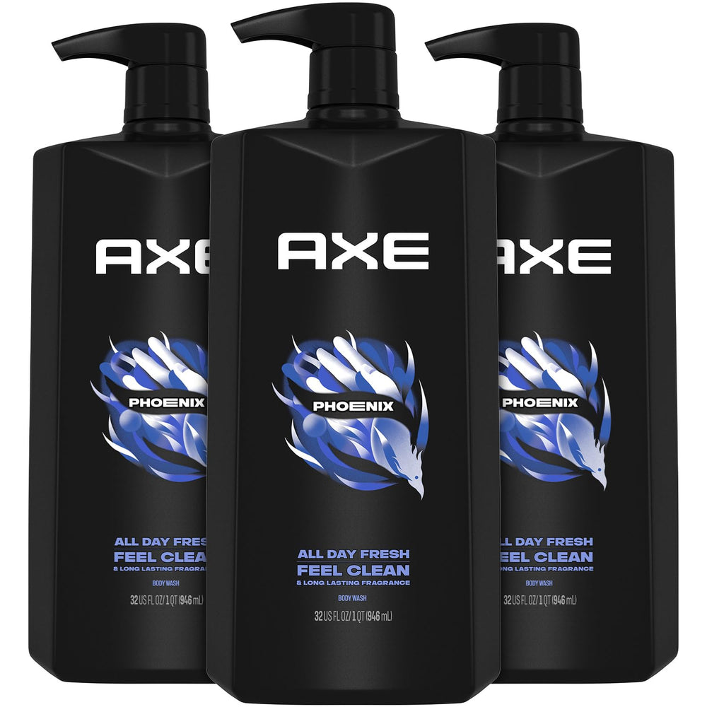 AXE Phoenix body wash pump bottle showing refreshing cleanse and long-lasting fragrance