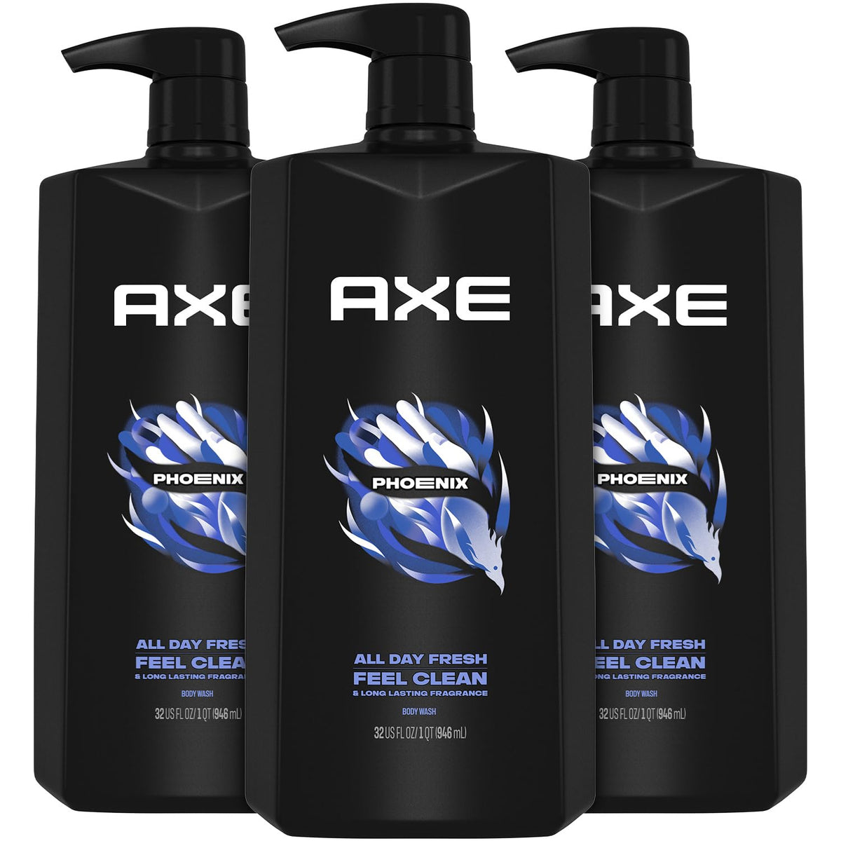 AXE Phoenix body wash pump bottle showing refreshing cleanse and long-lasting fragrance