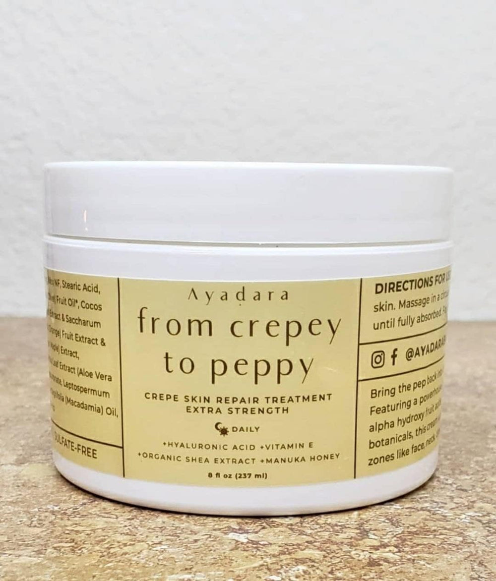 AYADARA Crepey Skin Repair Cream application on arm shows tightening and smoothing.