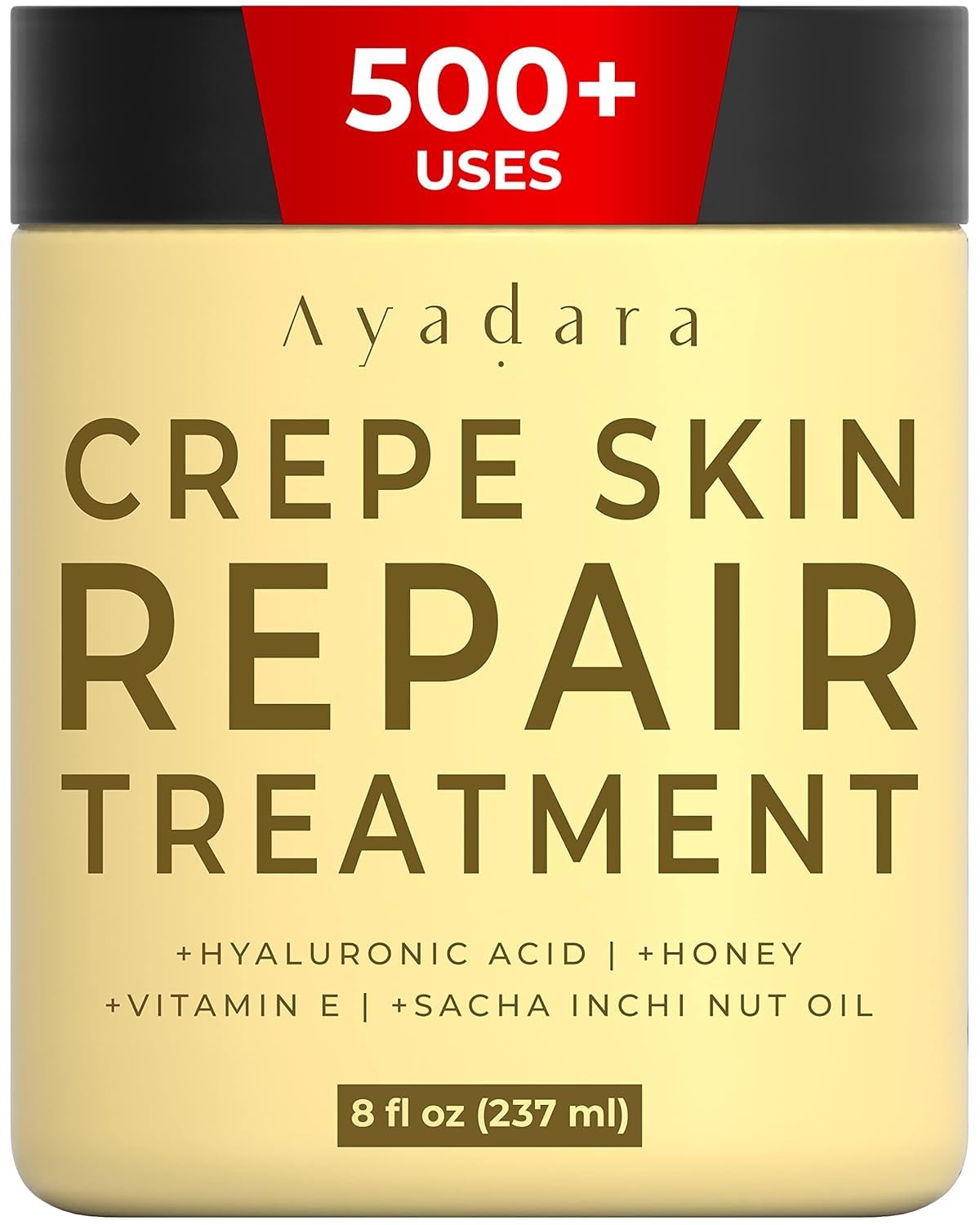 AYADARA Crepey Skin Repair Cream bottle demonstrates firming and hydrating action.