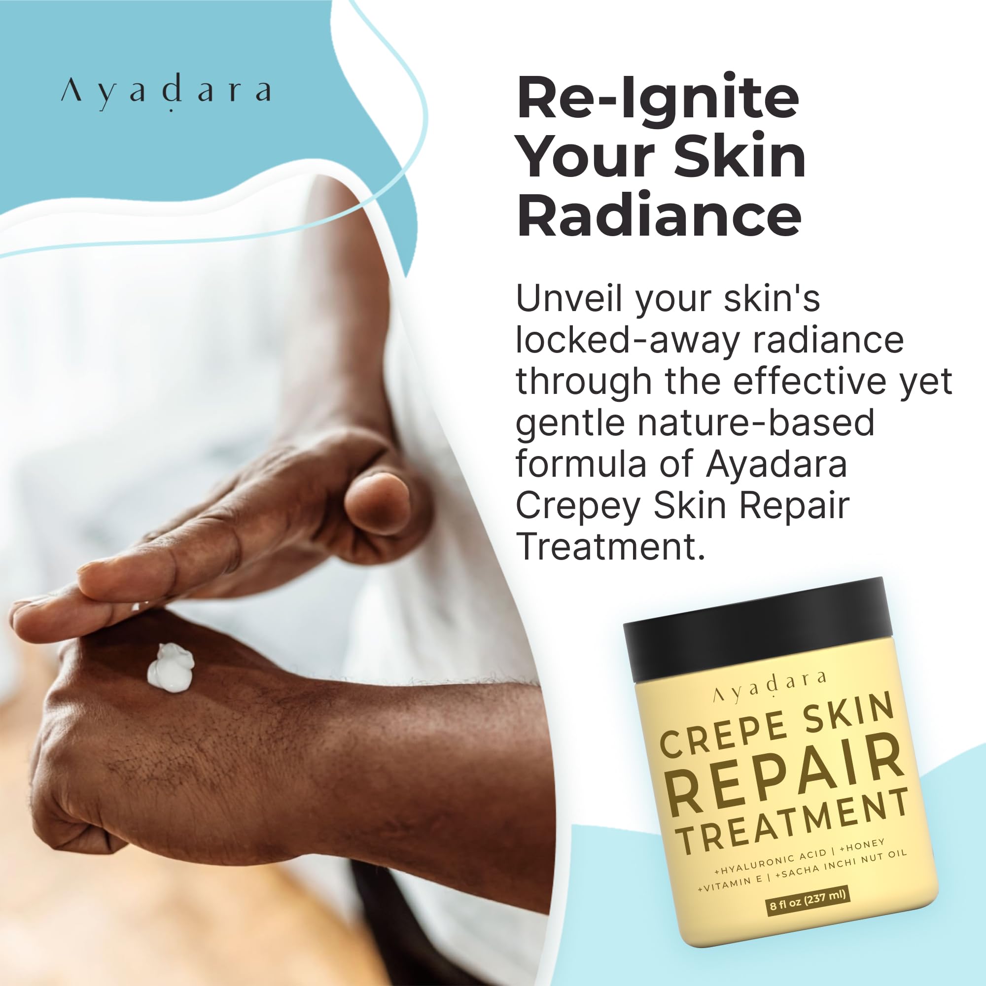 AYADARA Crepey Skin Repair Cream daily-use scene emphasizes simple routine.