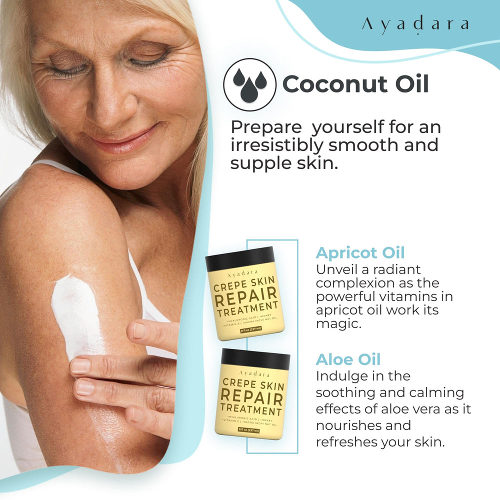 AYADARA Crepey Skin Repair Cream leg application suggests smoother, more even tone.