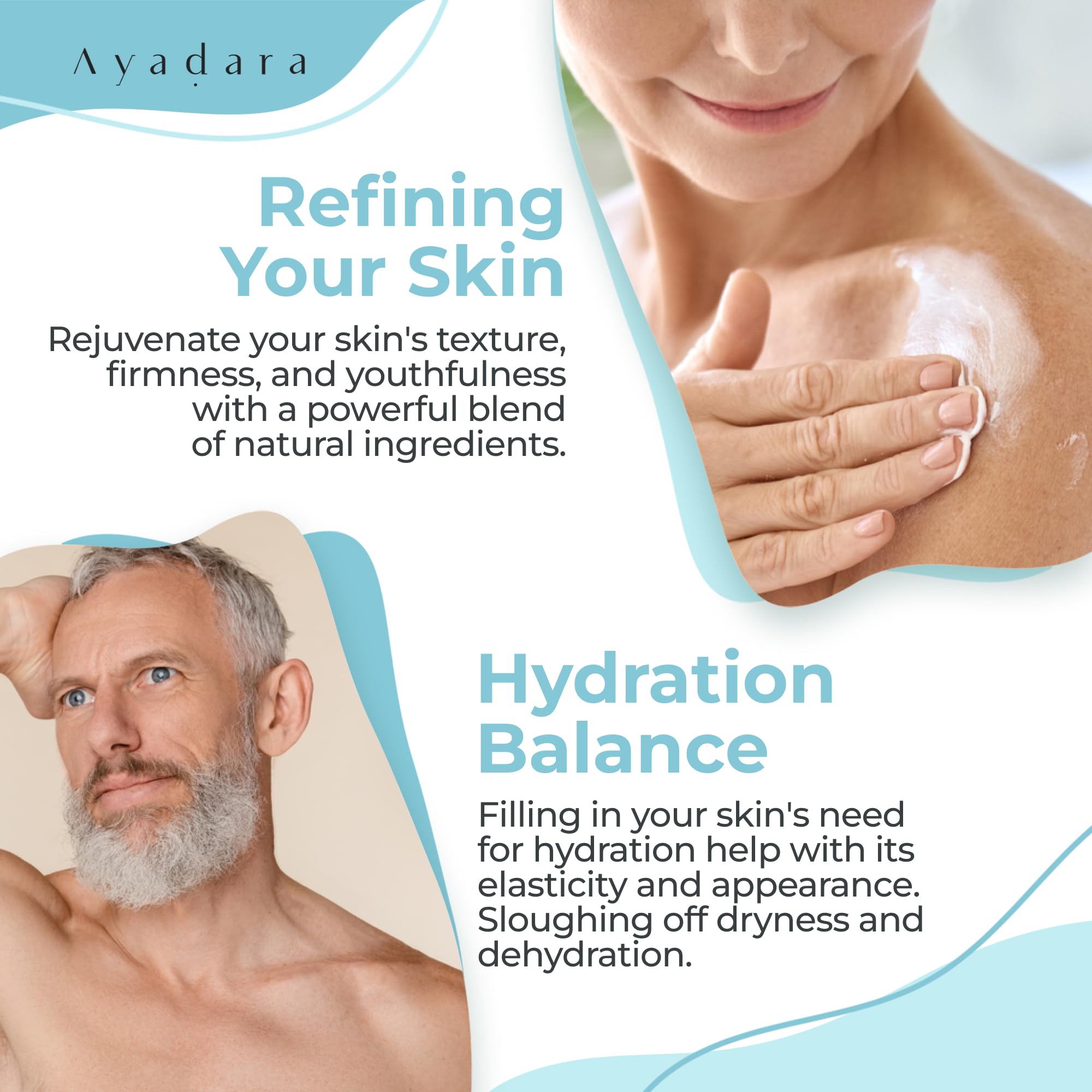 AYADARA Crepey Skin Repair Cream texture swatch highlights moisturizing formula and rapid absorption.