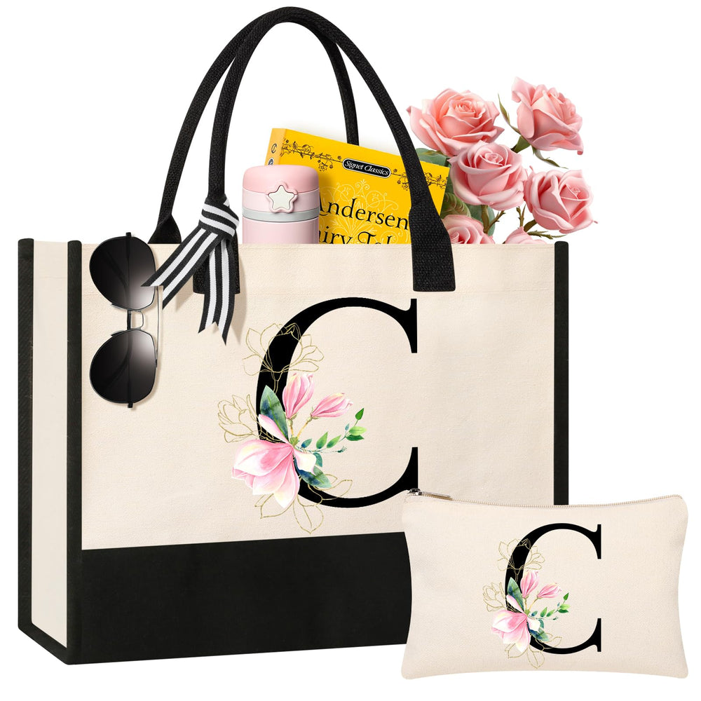 AYGE personalized initial canvas beach tote front view, showing spacious interior