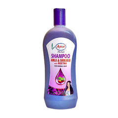 Ayur Amla Shikkakai Reetha shampoo bottle promoting nourished hair