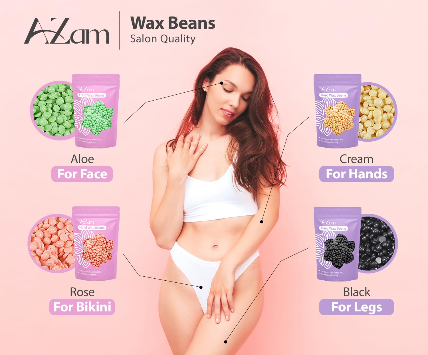 AZam hard wax beads 4x100g closeup highlighting stable bead formula for smooth application.