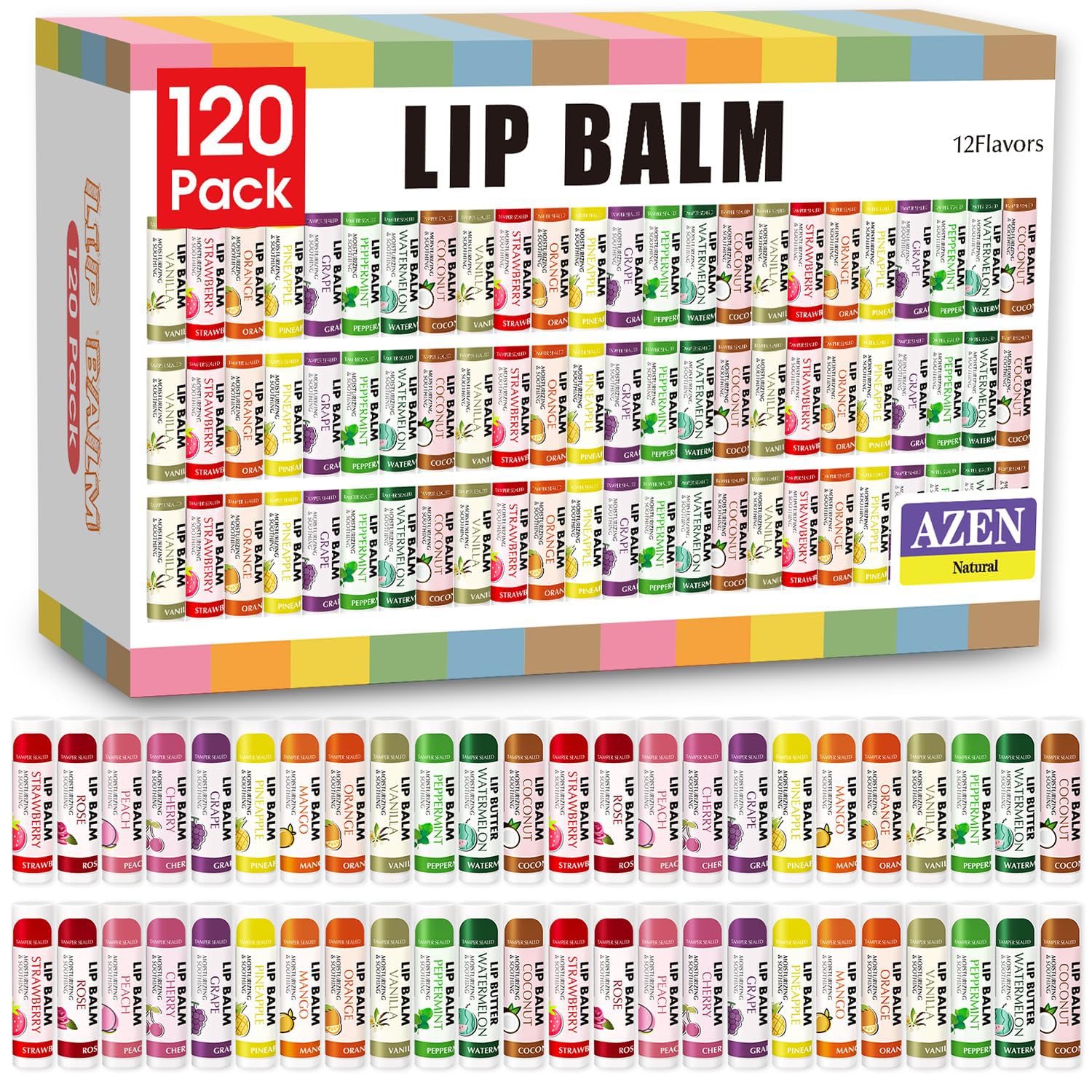 AZEN 120-pack lip balm assortment for all-day hydration on dry lips