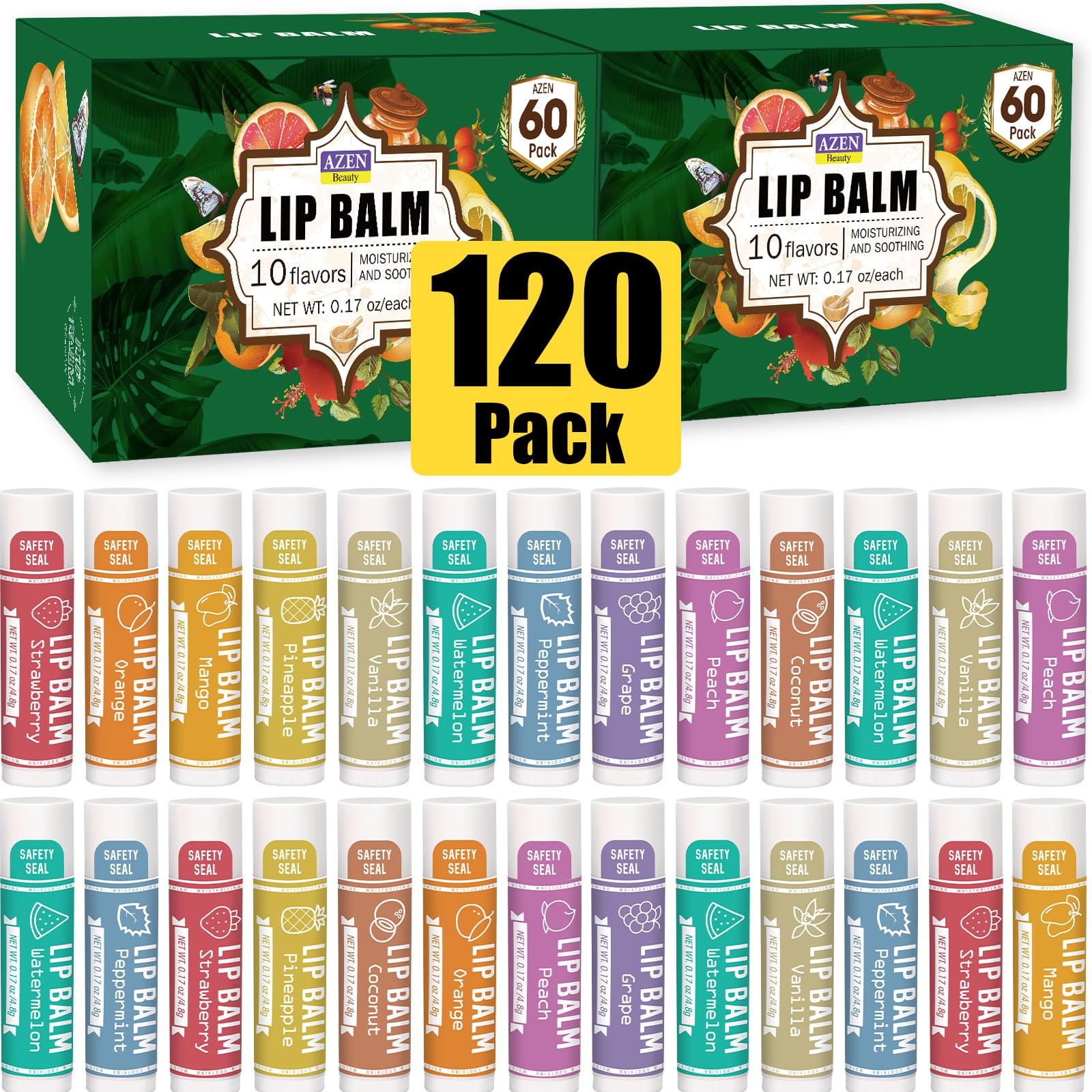 AZEN 120-pack lip balm box front showing flavor variety for gifting.