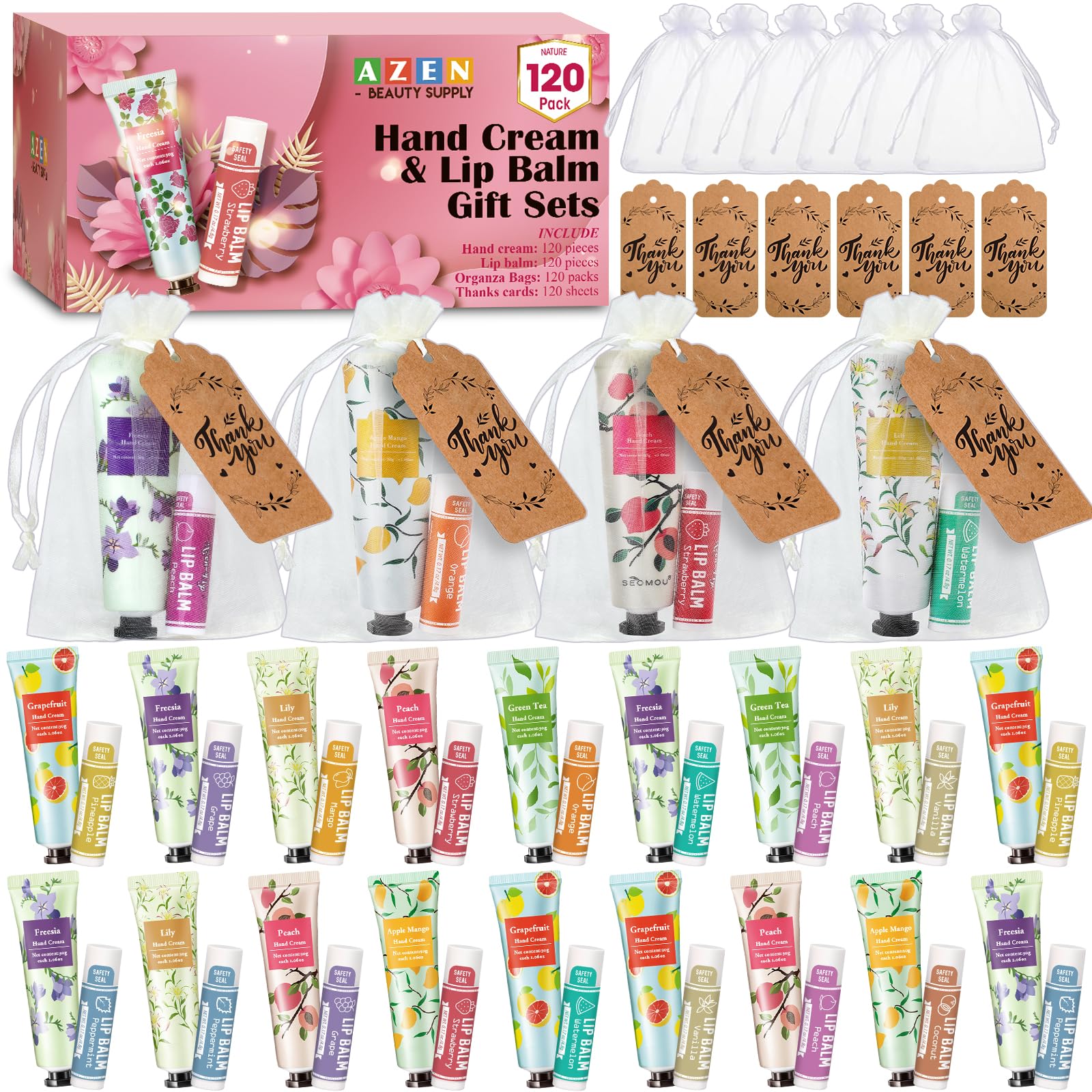 AZEN 120-set bulk gifts featuring hand cream and lip balm in organza bags for wedding favors