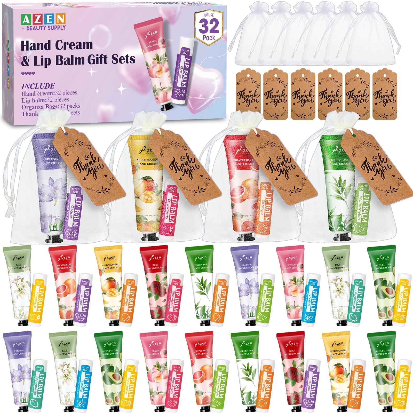 AZEN 32-set hand cream and lip balm with organza bags for wedding guest gifts.