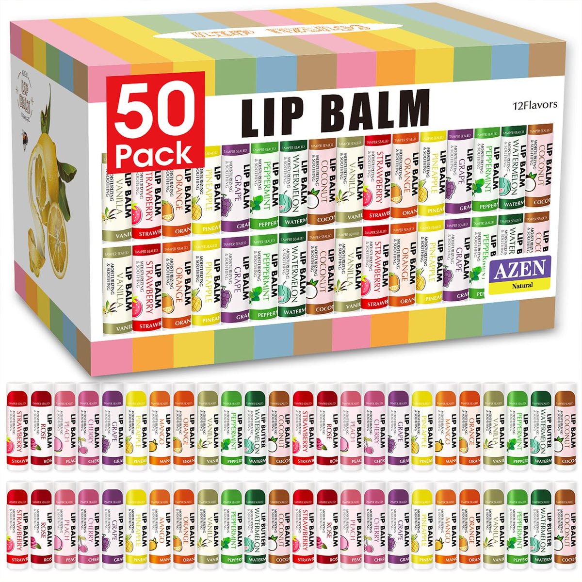 AZEN 50-pack lip balm flavors packaging shows bulk option for versatile lip care.