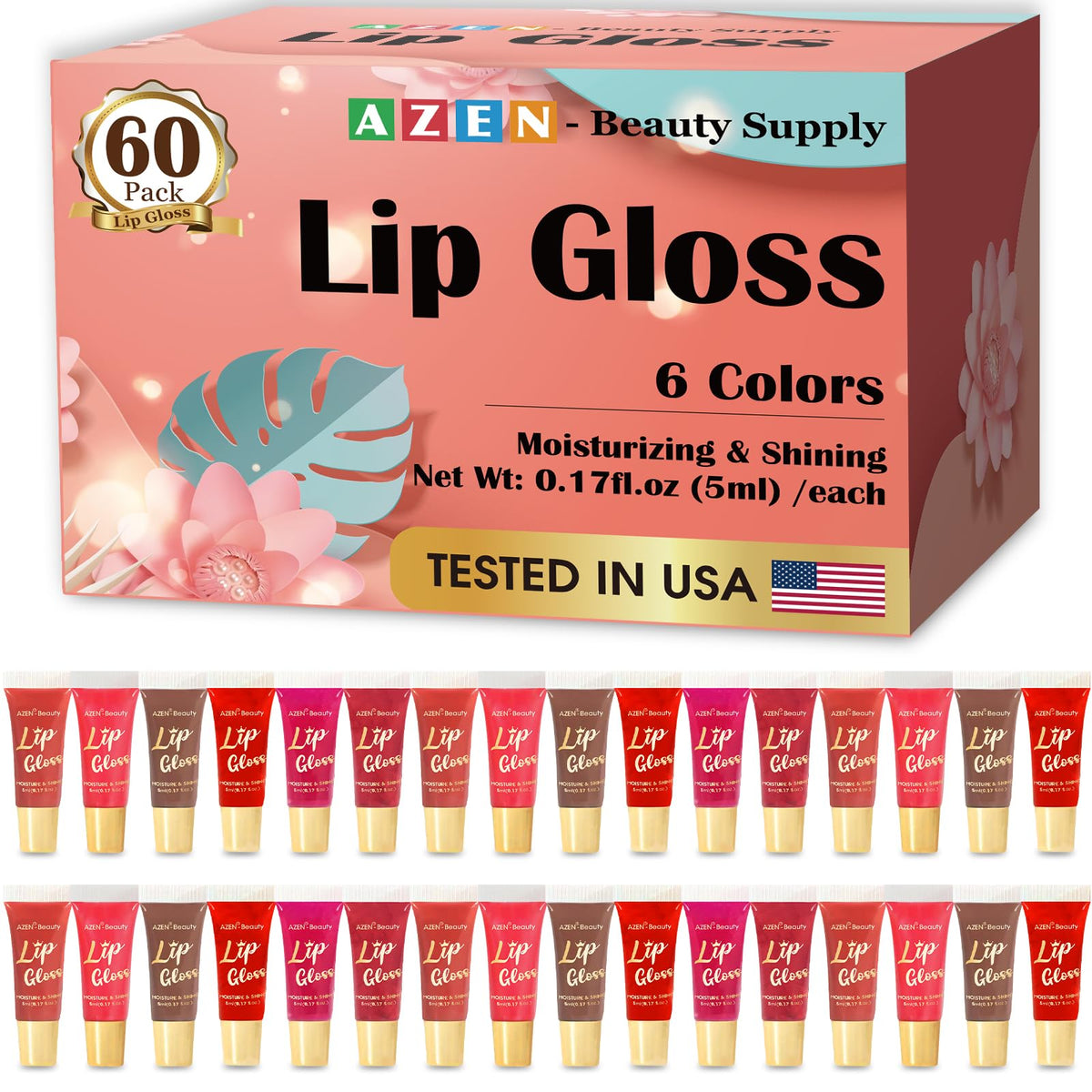 AZEN 60-pack lip gloss set closeup shows vibrant shades for daily looks.