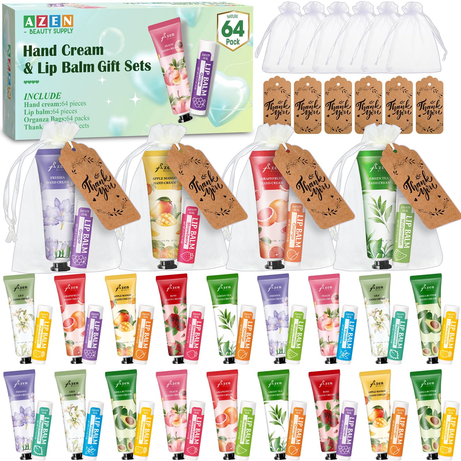 AZEN 64 sets bulk gifts show hand cream and lip balm kit ready for gifting at events.