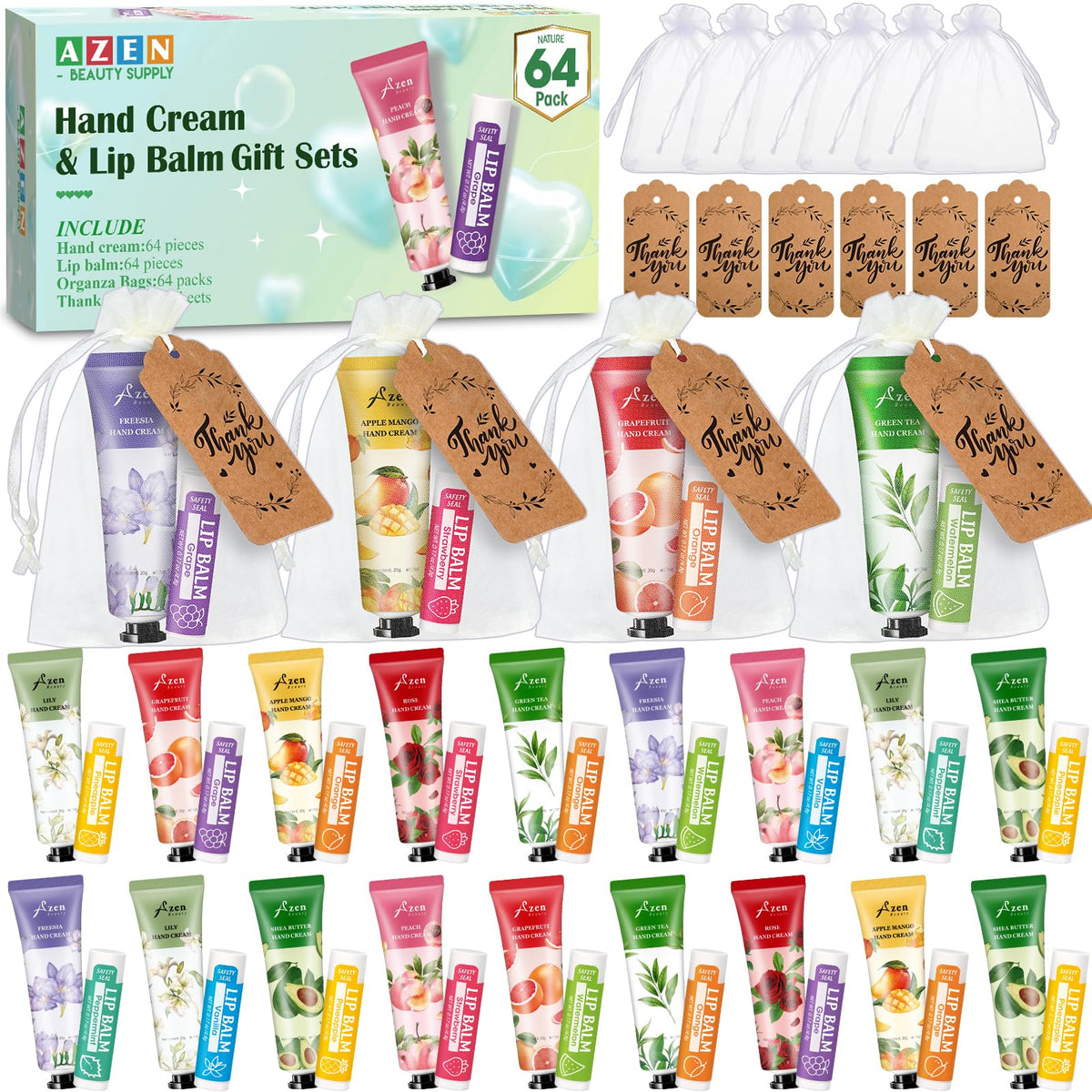AZEN 64 sets bulk gifts show hand cream and lip balm kit ready for gifting at events.