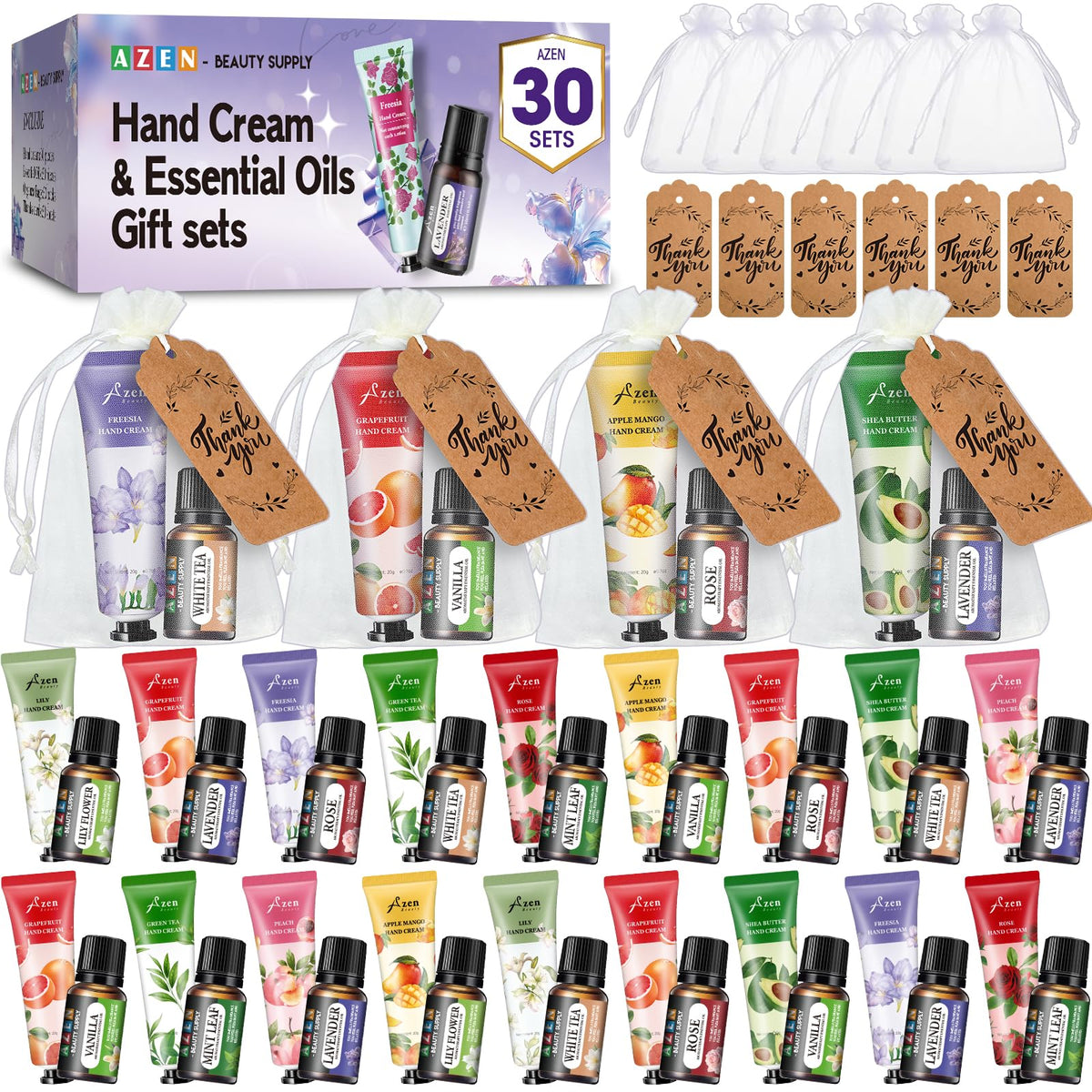 AZEN bulk gifts show hand creams and essential oils organized in organza bags for gifting.