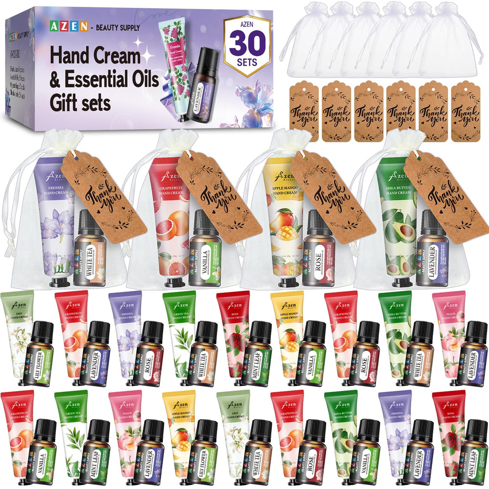 AZEN bulk gifts show hand creams and essential oils organized in organza bags for gifting.
