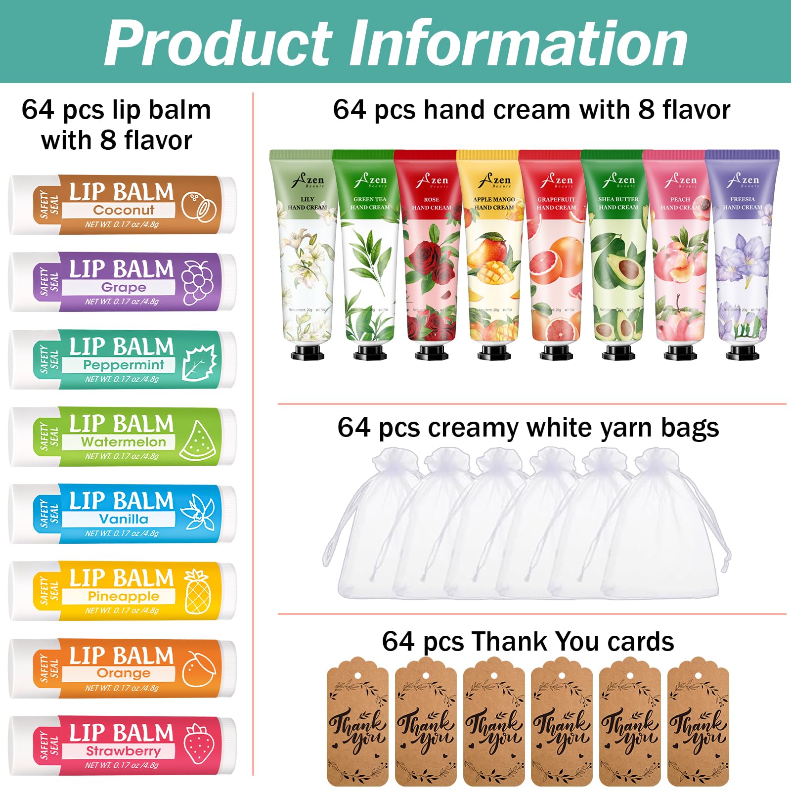 AZEN hand cream flavors display freesia, lily, peach, and more for guests.