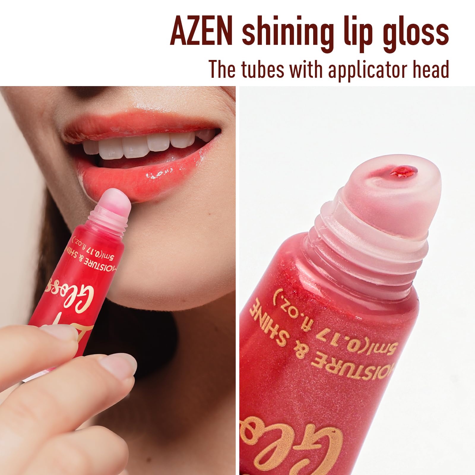 AZEN high-shine lip gloss application delivers a glossy, smooth finish.