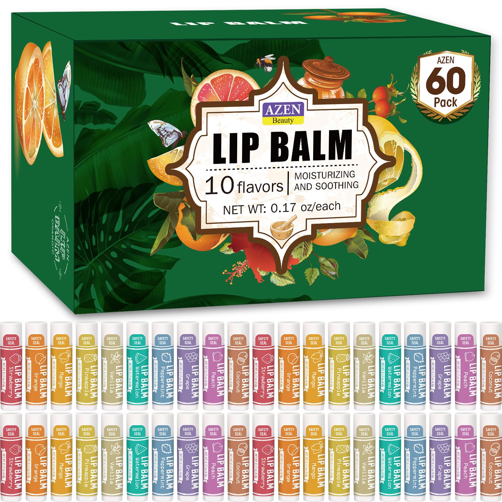 AZEN lip balm 60-pack flavors display shows a natural hydration option for dry lips.