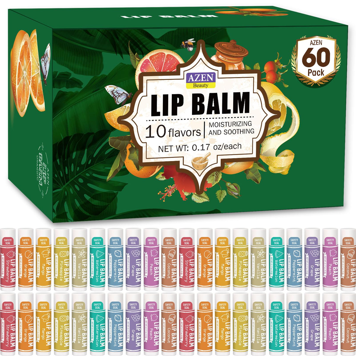 AZEN lip balm 60-pack flavors display shows a natural hydration option for dry lips.