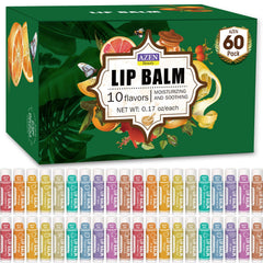 AZEN lip balm 60-pack flavors display shows a natural hydration option for dry lips.