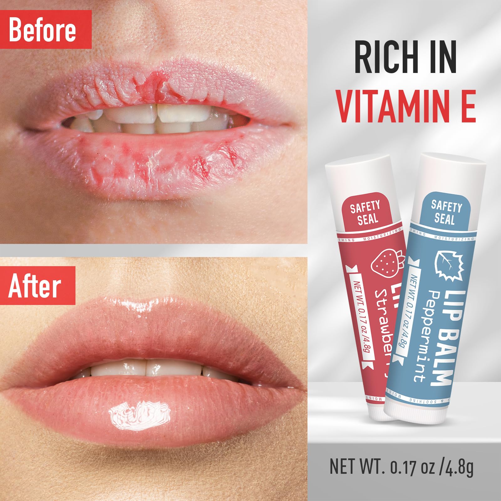 AZEN lip balm vitamin E formula supports soothing, smooth lips.