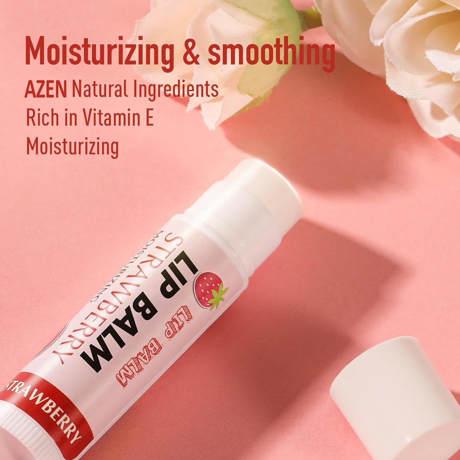 AZEN lip balm vitamin E ingredient suggests nourishing protection for lips.
