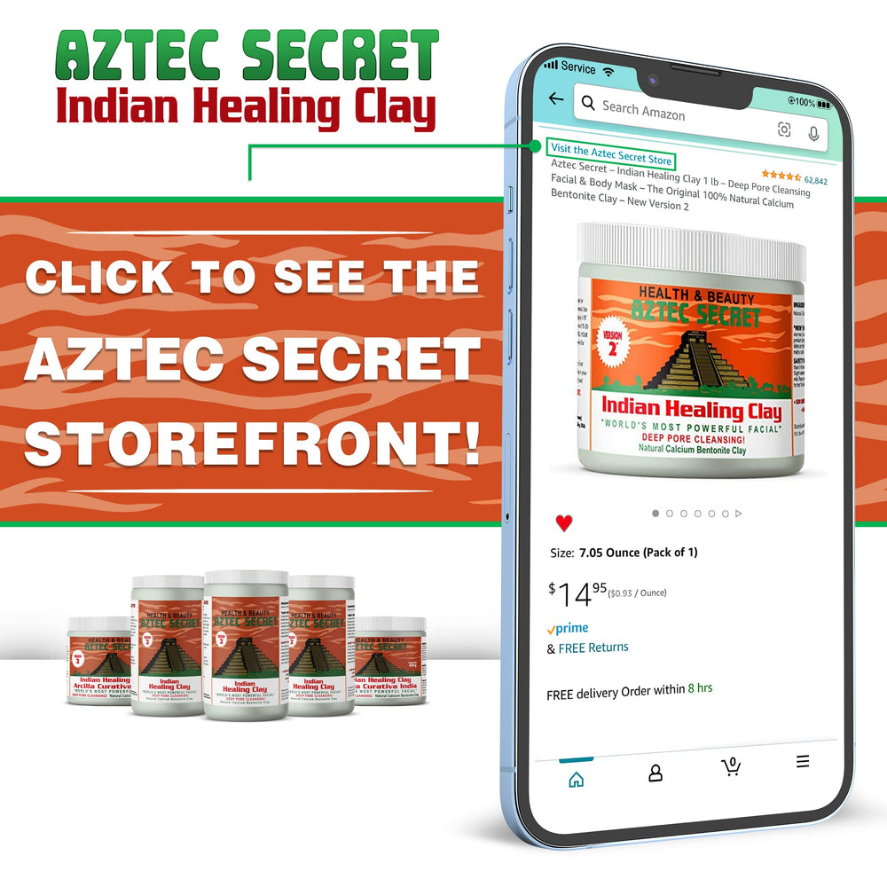 Aztec Secret Indian Healing Clay packaging with seal indicating product integrity.