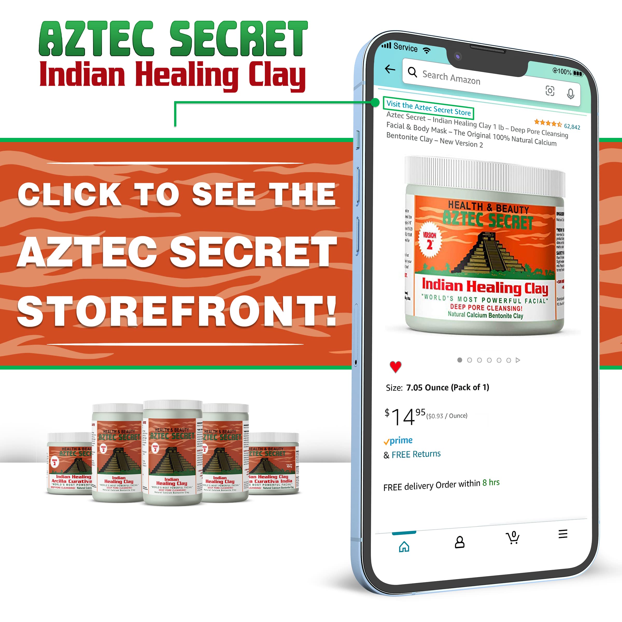 Aztec Secret New Version 2 packaging showcases authentic detox clay for facial and body use.