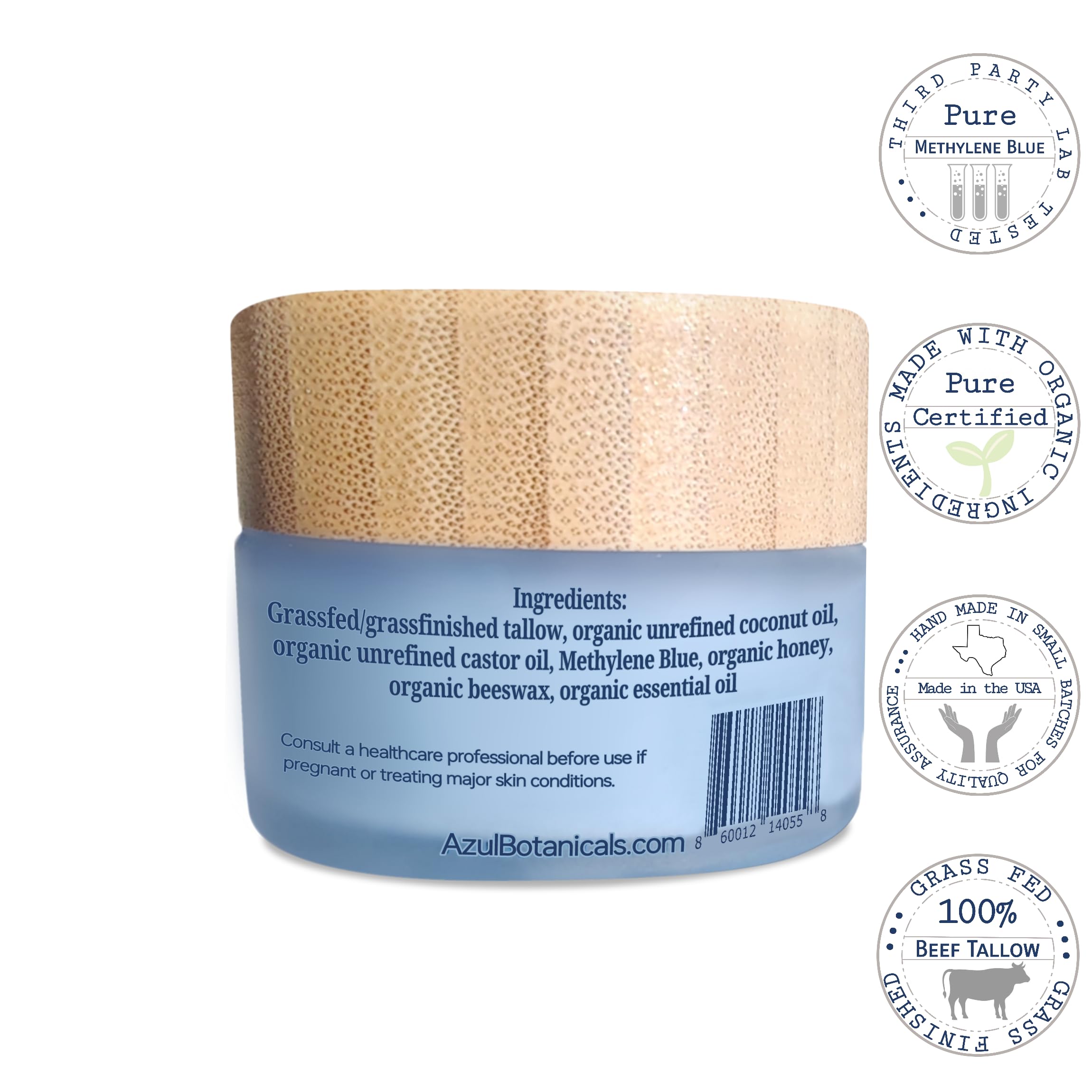 AzulBotanicals Methylene Blue swirl closeup emphasizes blue hue and antioxidant-infused balm benefits
