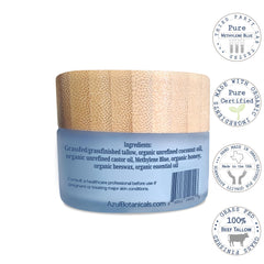 AzulBotanicals Methylene Blue swirl closeup emphasizes blue hue and antioxidant-infused balm benefits
