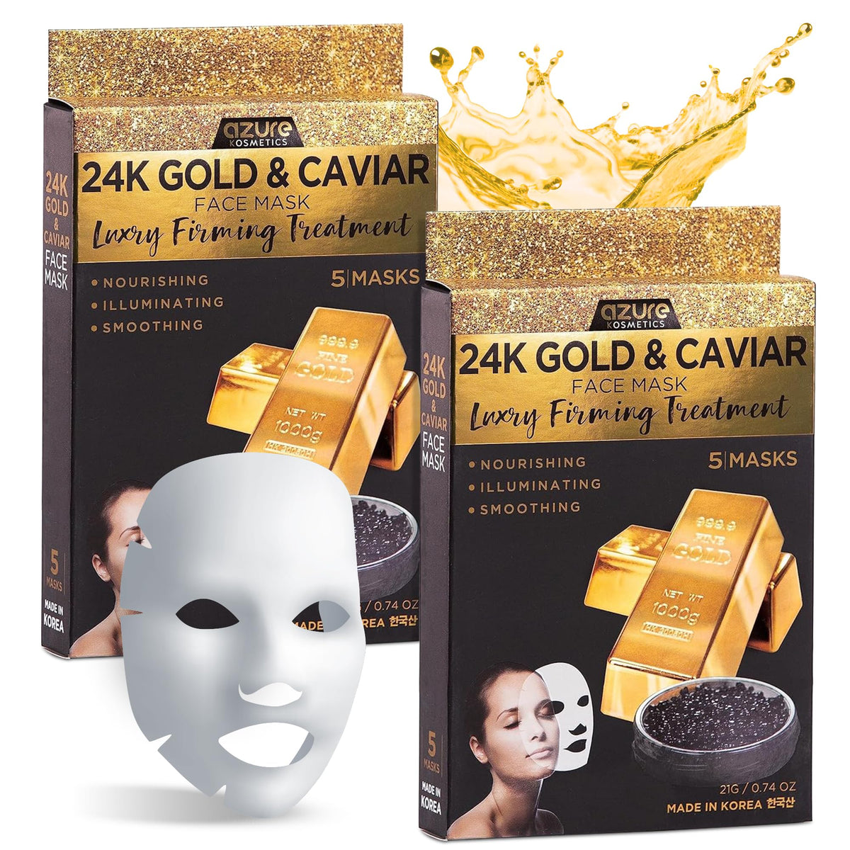 Azure Cosmetics 24K Gold Caviar mask packaging highlights premium luxury skincare for home use