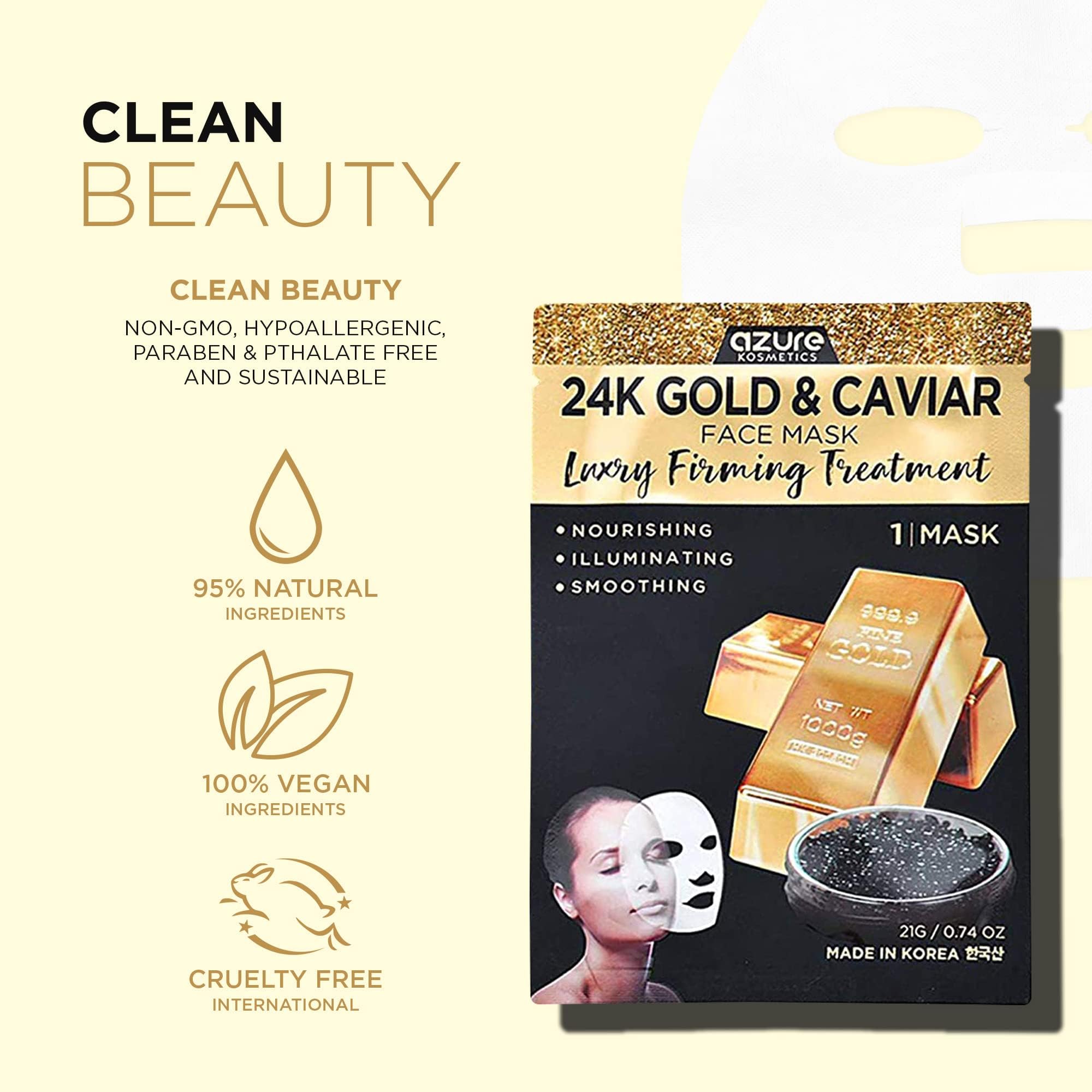 Azure Cosmetics 24K Gold Caviar mask after-use glow indicates radiant skin