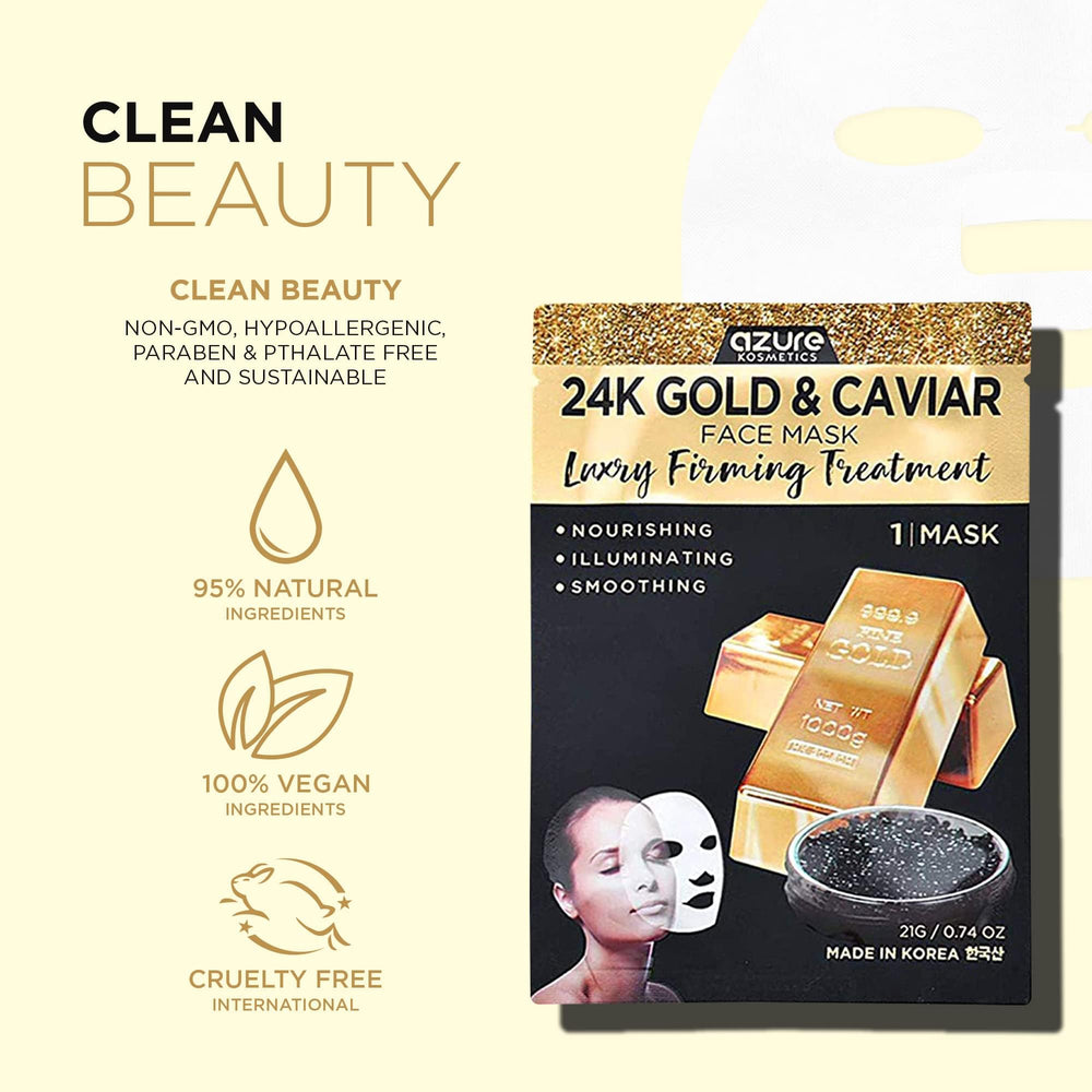 Azure Cosmetics 24K Gold Caviar mask after-use glow indicates radiant skin