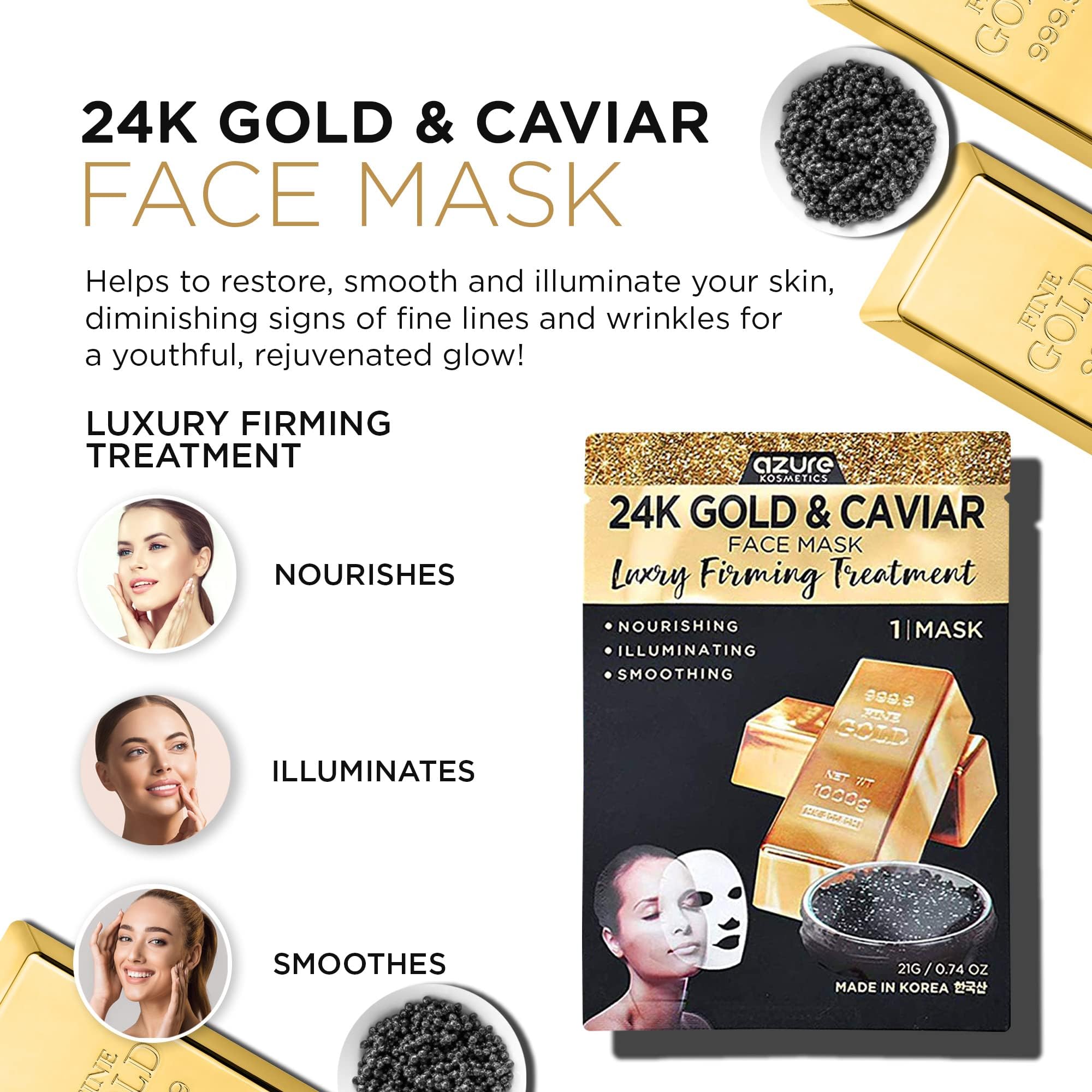 Azure Cosmetics 24K Gold Caviar mask sheet on face demonstrates soothing firming treatment