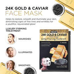 Azure Cosmetics 24K Gold Caviar mask sheet on face demonstrates soothing firming treatment