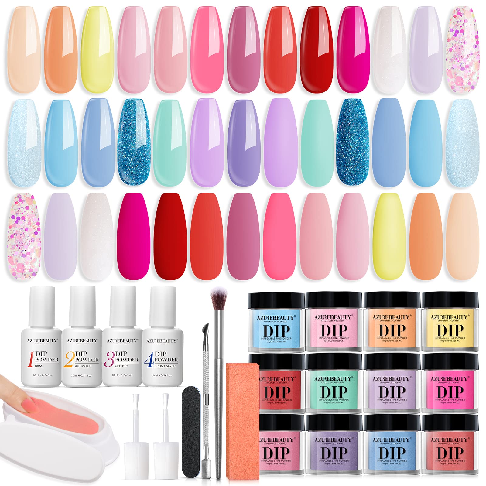 AzureBeauty 31Pcs Dip Powder Kit front collection reveals a complete starter set for at home nails