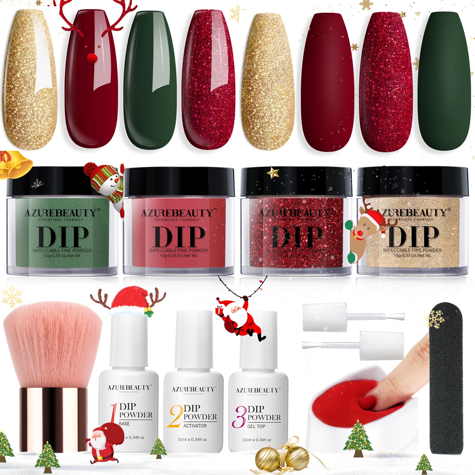 AzureBeauty Christmas dip powder kit front view shows complete at-home manicure setup