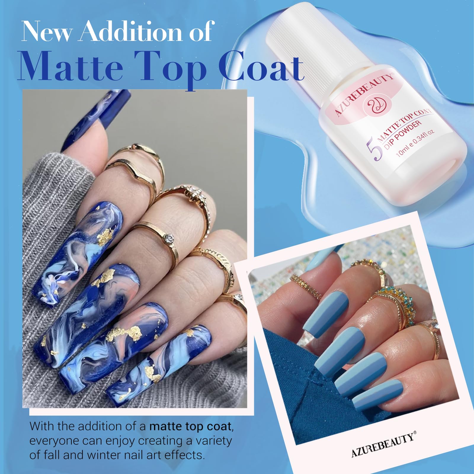 AZUREBEAUTY dip powder liquids base activator topcoat shown for no-lamp curing.