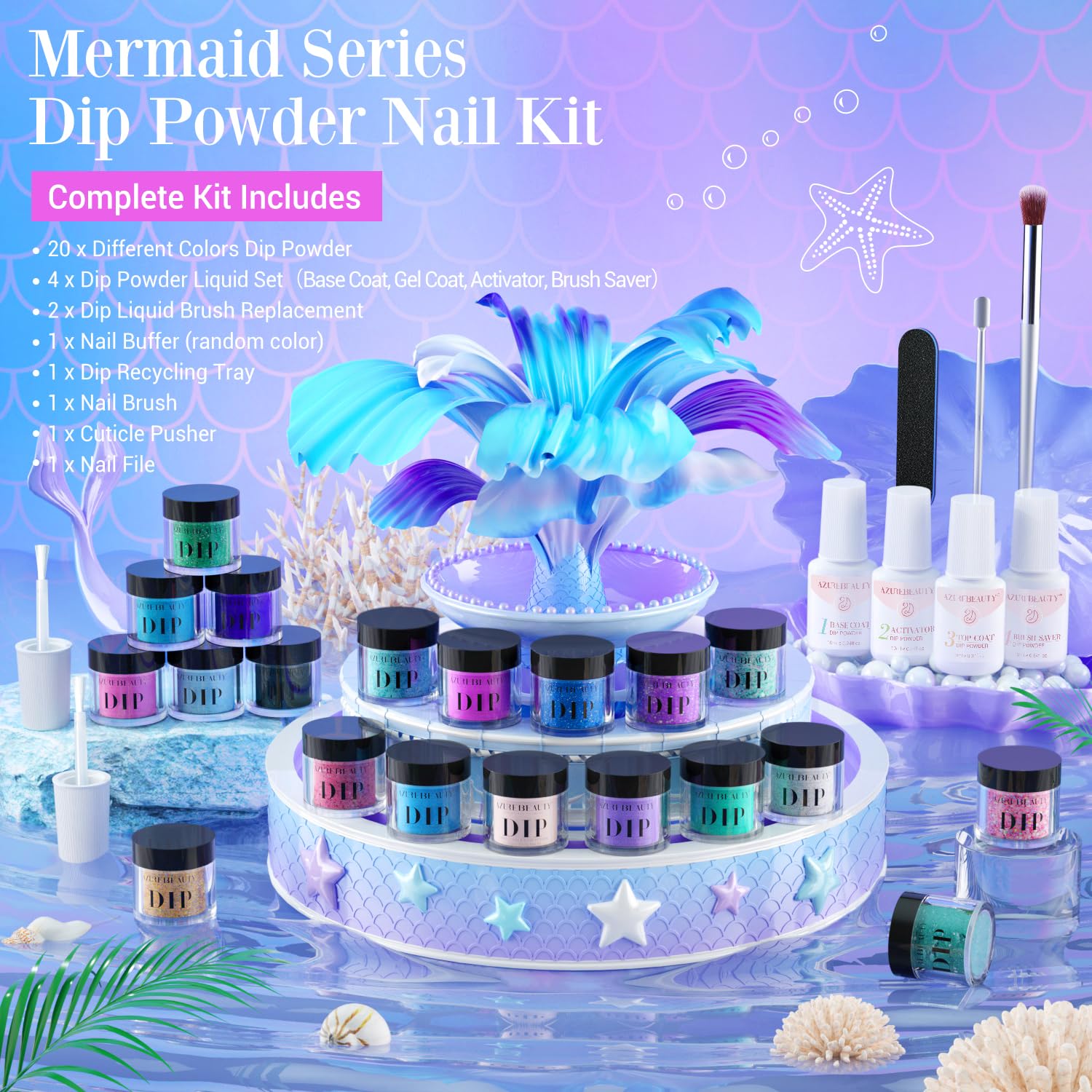 AzureBeauty 20-color dip powders on swatches show diverse shade options.